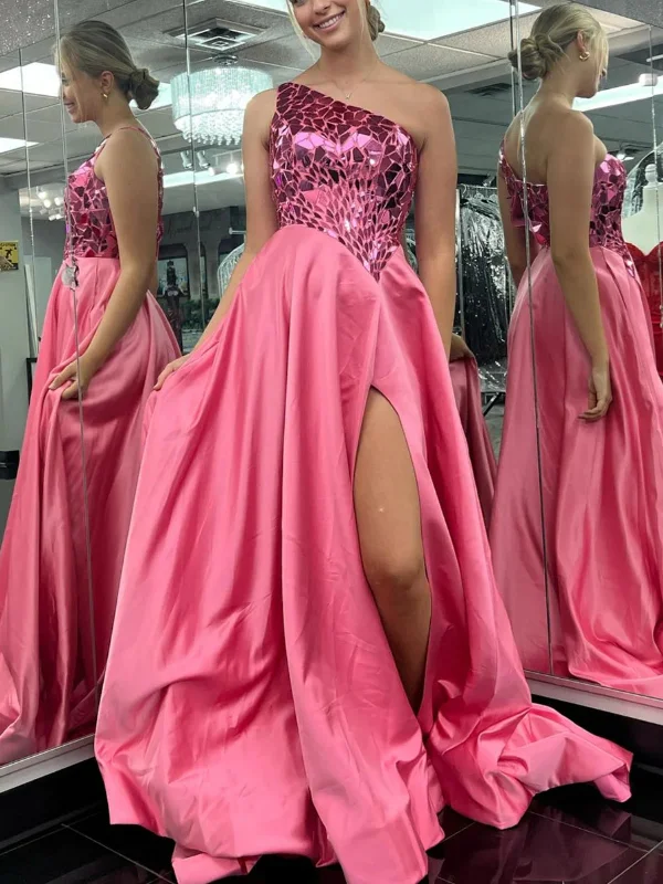 spaghetti strap dressspaghetti strap dressOne Shoulder Mirror Sequins Pink Long Prom Dresses with High Slit, One Shoulder Pink Formal Graduation Evening Dresses SP2773