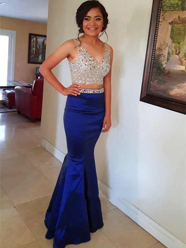 winter dresswinter dressTwo Pieces Beaded Mermaid Royal Blue Prom Dresses, Royal Blue Formal Dresses With Beadings