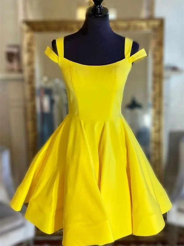 statement dressstatement dressOff Shoulder Yellow Satin Short Prom Dresses, Off the Shoulder Yellow Homecoming Dresses, Short Yellow Formal Evening Dresses