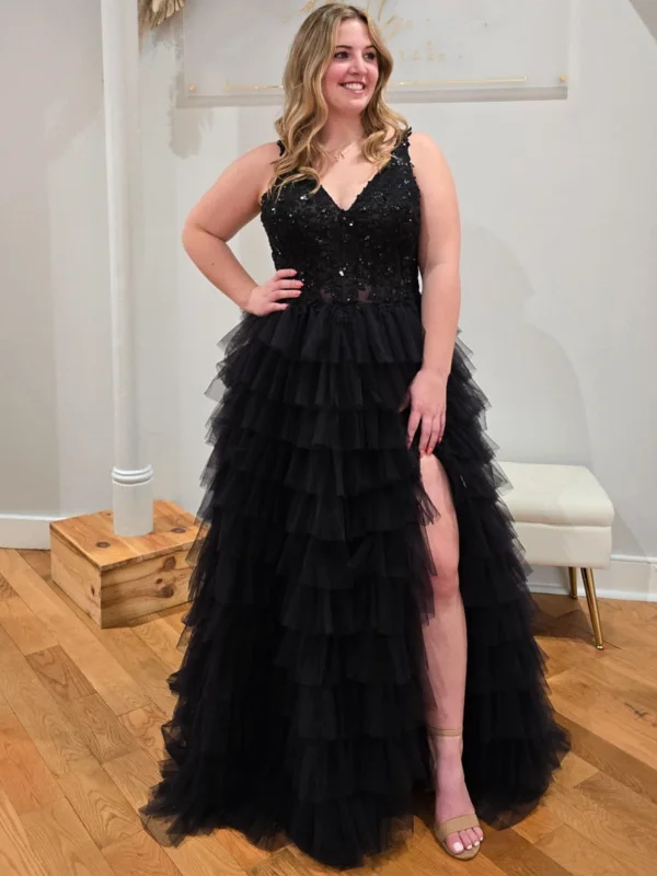 wool dresswool dressA Line V Neck Black Lace Long Prom Dresses with Ruffle Tulle, Black Lace Formal Graduation Evening Dresses SP3064