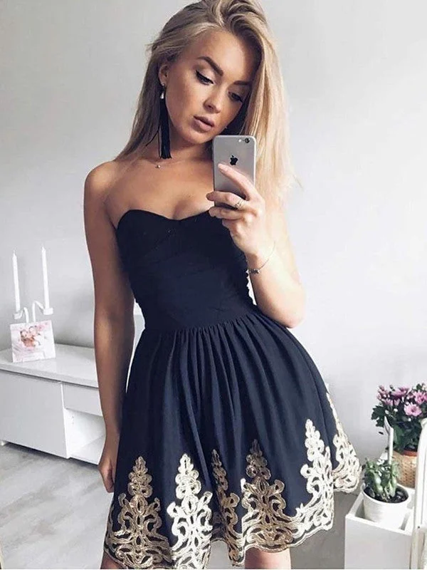 Extra Savings Sweetheart Neck Short Black Prom Dresses With Lace Appliques, Black Homecoming Dresses