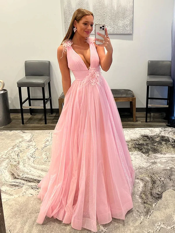 Value Deals V Neck and V Back Pink Tulle Long Prom Dresses, V Neck Pink Formal Graduation Evening Dresses SP2380 Value Deals V Neck and V Back Pink Tulle Long Prom Dresses, V Neck Pink Formal Graduation Evening Dresses SP2380