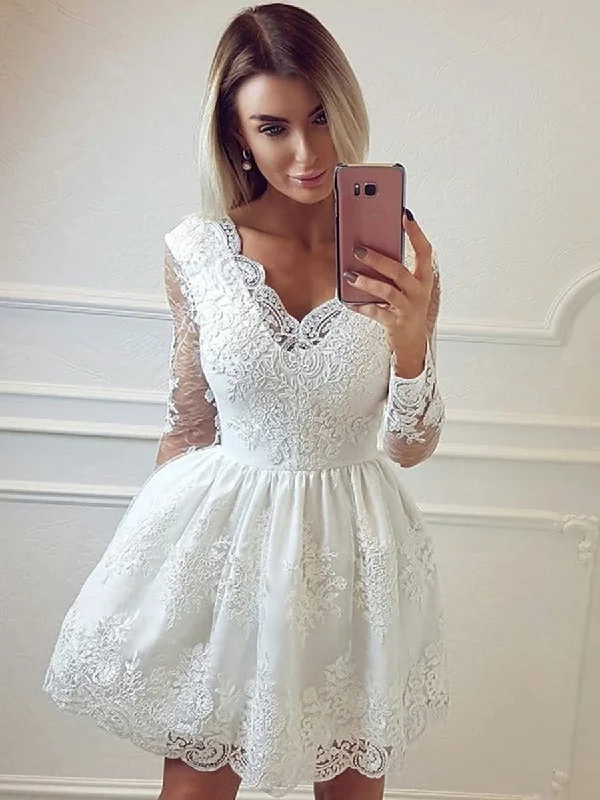 A-line dressA-line dressV Neck Long Sleeves Lace White Short Prom Dresses Homecoming Dresses, Long Sleeves White Lace Formal Graduation Evening Dresses