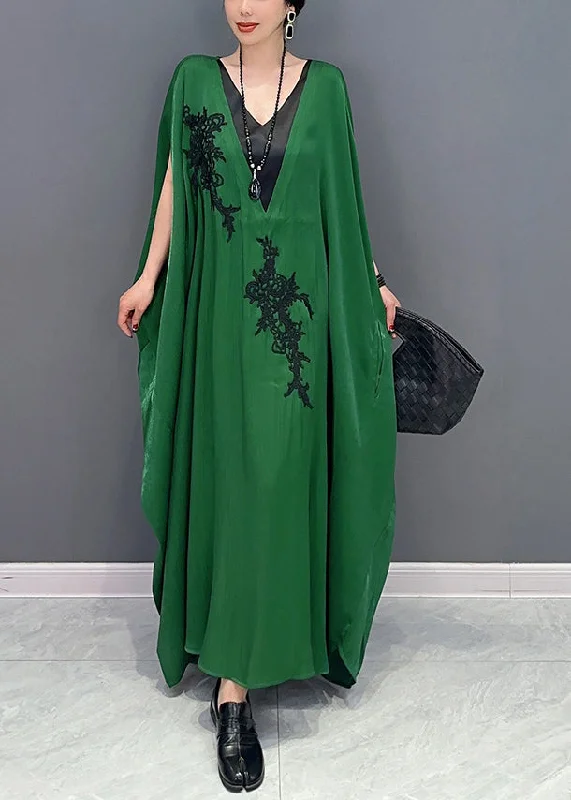 Flash Deals French Green Oversized Patchwork Silk Ankle Dress Batwing Sleeve