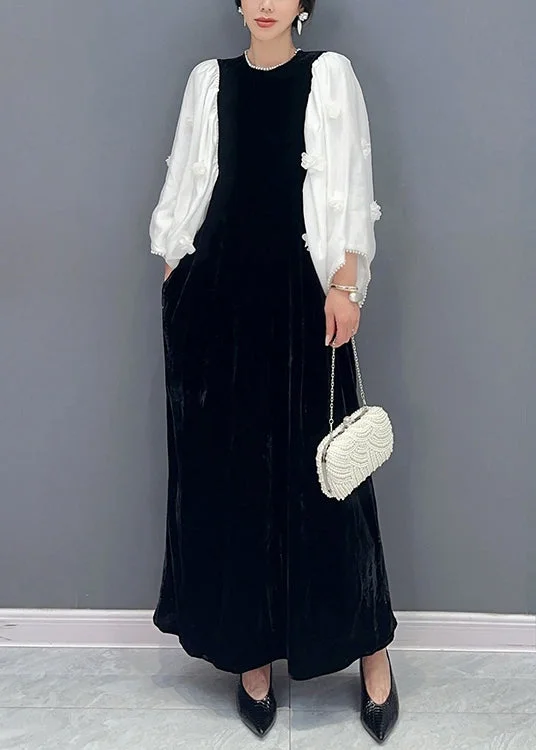 Final Clearance Handmade Black Pockets Pearl Patchwork Silk Velour Long Dress Fall