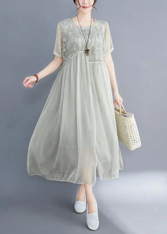 Exclusive Access French Lake Green Ruffled Patchwork Cotton Maxi Dresses Summer