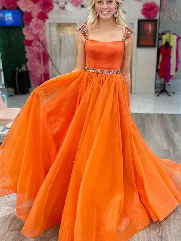 Extra Savings Cap Sleeves Beaded Orange Tulle Long Prom Dresses, Orange Tulle Formal Graduation Evening Dresses SP2282 Extra Savings Cap Sleeves Beaded Orange Tulle Long Prom Dresses, Orange Tulle Formal Graduation Evening Dresses SP2282