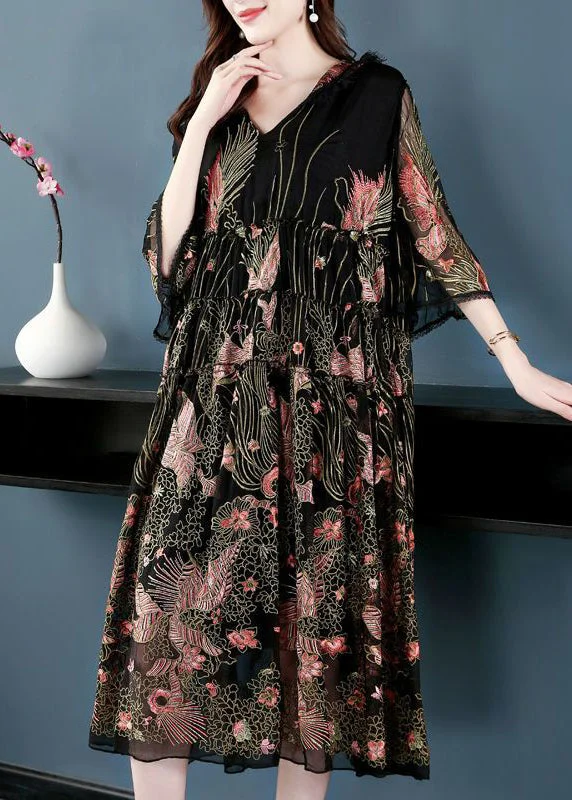 Weekend Deal Women Black Hooded Embroideried Silk A Line Dress Summer