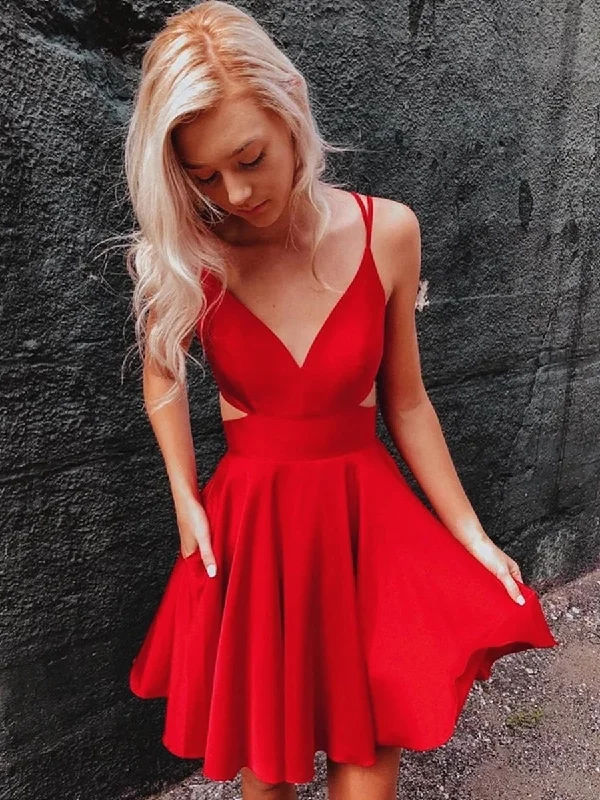 statement dressstatement dressCute V Neck Short Red Prom Dresses with Corset Back, V Neck Red Homecoming Dresses, Red Formal Evening Dresses