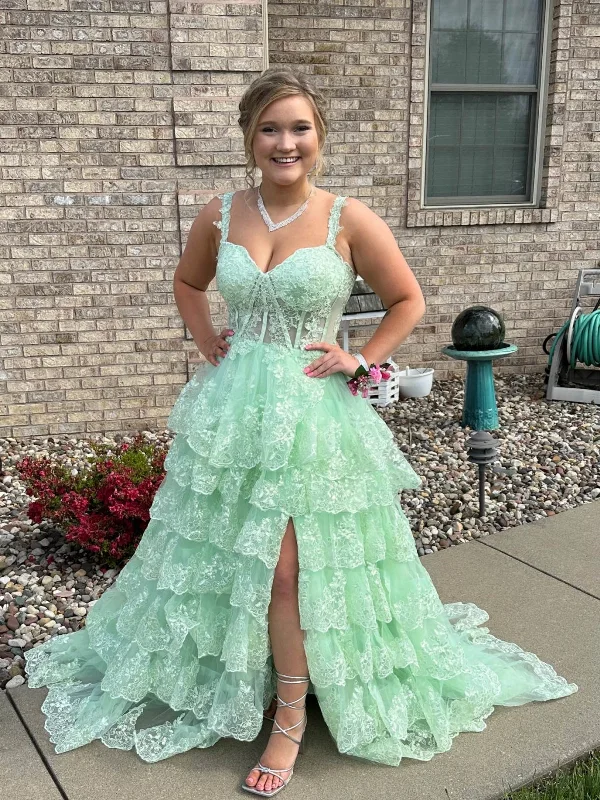 high-waisted dresshigh-waisted dressA Line Sweetheart Neck Layered Mint Green Lace Long Prom Dresses with High Slit, Mint Green Lace Formal Graduation Evening Dresses SP3074