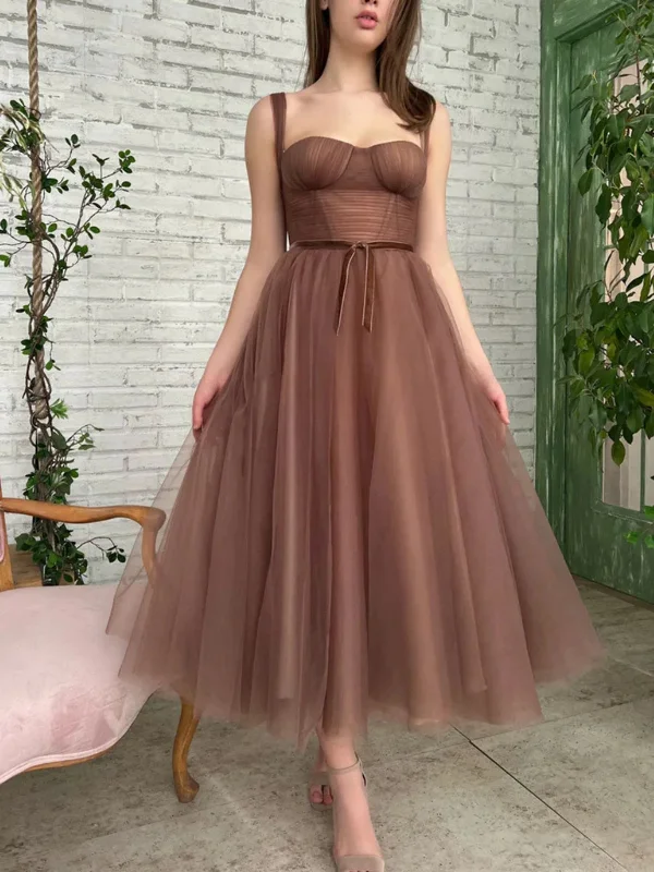 trendy wrap dresstrendy wrap dressTea Length Brown Tulle Prom Homecoming Dresses, Brown Formal Graduation Evening Dresses SP2481