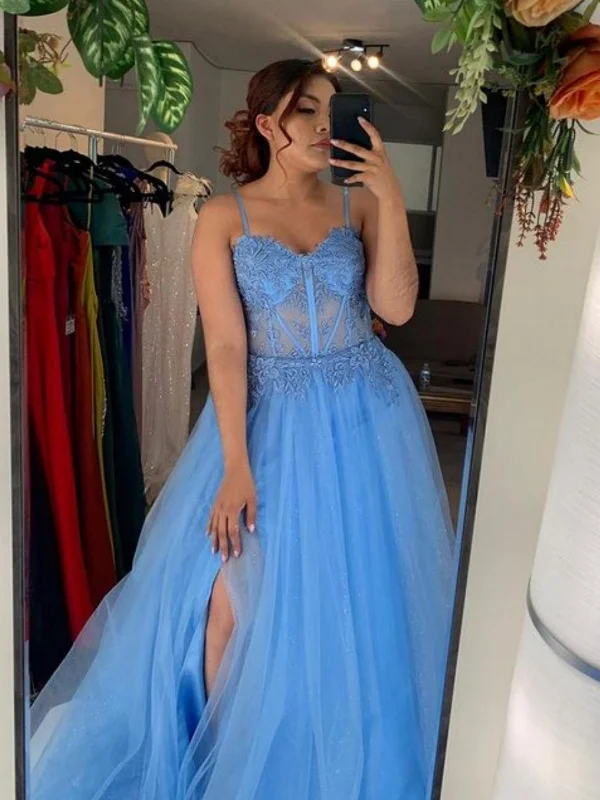 bodycon dressbodycon dressSweetheart Neck Blue Lace Long Prom Dresses with High Slit, Blue Lace Formal Dresses, Blue Tulle Evening Dresses SP3005