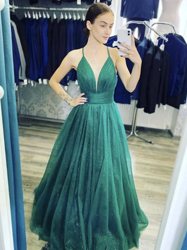 Bargain Prices Shiny V Neck Dark Green Long Prom Dresses, Dark Green Formal Graduation Evening Dresses