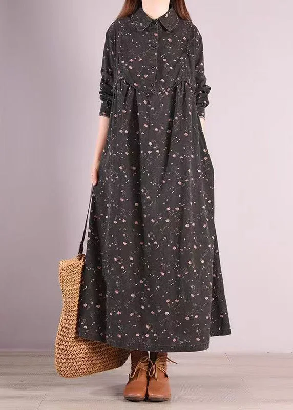 Weekend Deal Black Print Patchwork Cotton Long Dresses Peter Pan Collar Fall