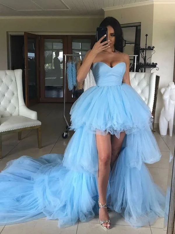 Stock Clearance High Low Strapless Light Blue Tulle Long Prom Dresses with Train, High Low Light Blue Formal Evening Dresses Stock Clearance High Low Strapless Light Blue Tulle Long Prom Dresses with Train, High Low Light Blue Formal Evening Dresses