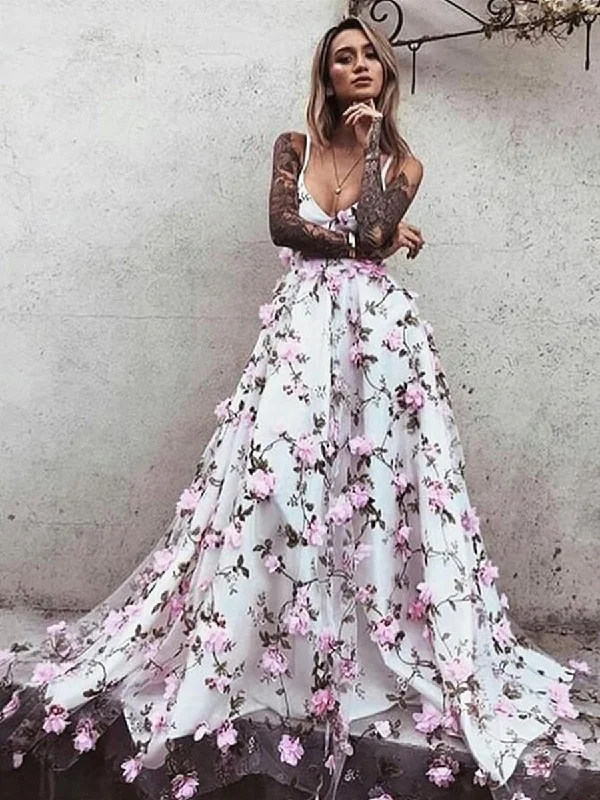 party-ready dressparty-ready dressA Line V Neck Backless Pink Lace Floral White Prom Dresses, Pink 3D Flower White Formal Dresses, Evening Dresses