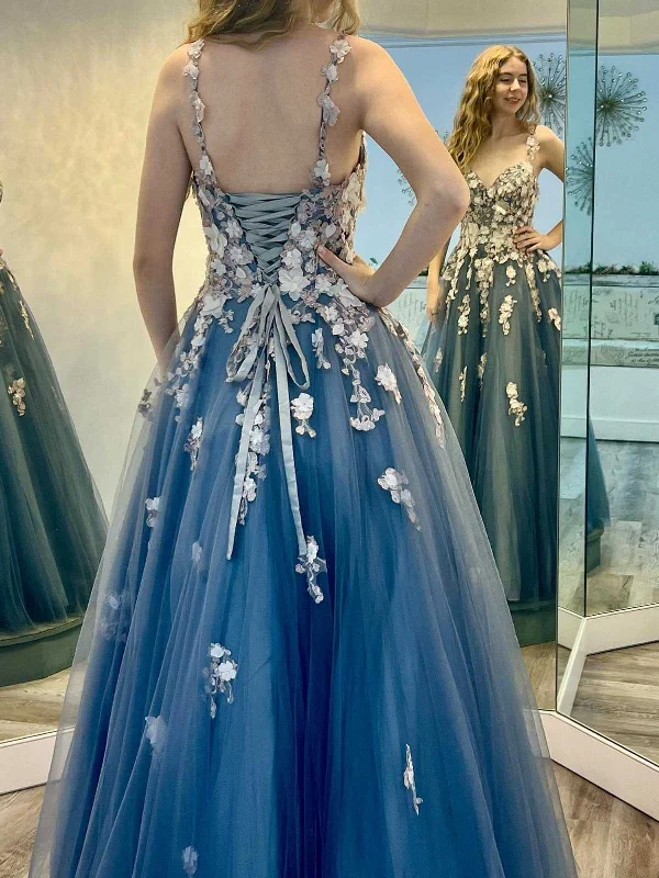 lace dresslace dressV Neck Smoke Blue Tulle Long Prom Dresses with Appliques, Smoke Blue Formal Evening Dresses SP2580