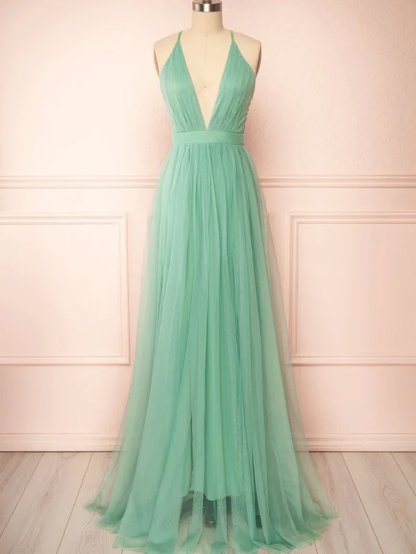 cocktail dresscocktail dressA Line V Neck Open Back Sage Tulle Long Prom Dresses, Backless Sage Formal Graduation Evening Dresses SP2722