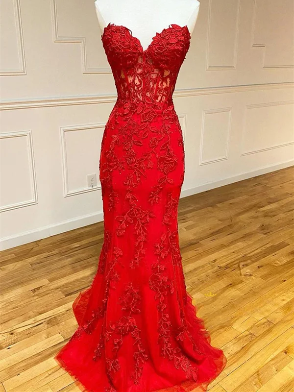 cocktail party dresscocktail party dressOpen Back Mermaid Strapless Red Lace Long Prom Dresses with Train, Mermaid Red Formal Dresses, Red Lace Evening Dresses SP2388