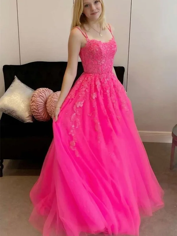 TIME-Limited Offer Open Back Hot Pink Tulle Lace Long Prom Dresses, Hot Pink Lace Formal Graduation Evening Dresses SP2245