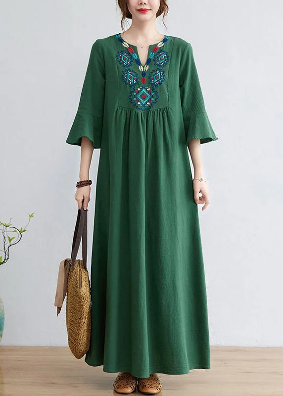 trendy mini dresstrendy mini dressGreen Cotton Long Dress Embroideried Exra Large Hem Flare Sleeve