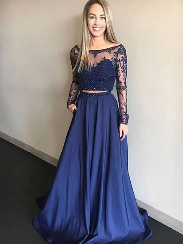 Major Savings Round Neck 2 Pieces Long Sleeves Lace Blue Long Prom Dresses, 2 Pieces Blue Lace Formal Dresses, Graduation Dresses