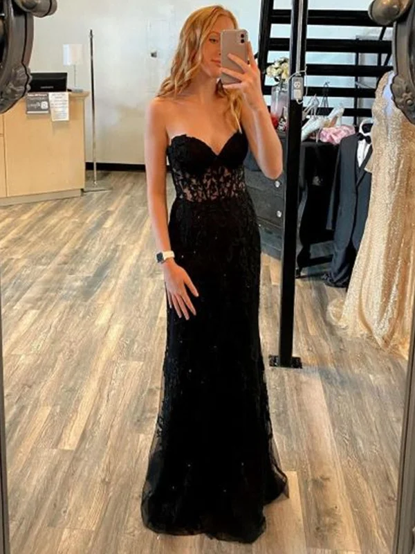 long-sleeve floral dresslong-sleeve floral dressMermaid Open Backe Black Lace Long Prom Dresses, Strapless Black Formal Dresses, Black Lace Evening Dresses SP2236