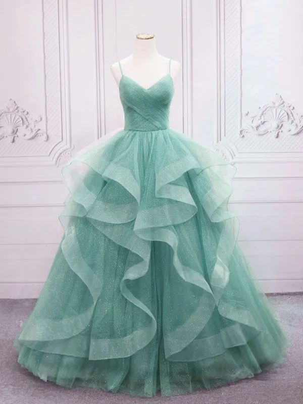 layered dresslayered dressV Neck Open Back Green Tulle Long Prom Dresses, Shiny Green Formal Evening Dresses, Green Ball Gown SP2562