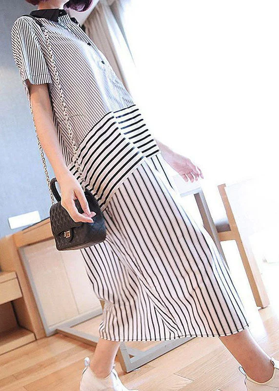 silk dresssilk dressStylish Black Peter Pan Collar Patchwork Striped Cotton Shirt Dress Summer