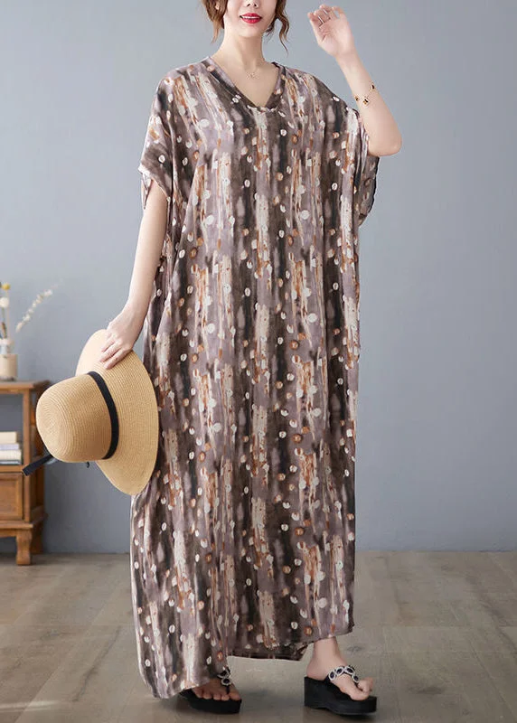 midi dressmidi dressKhaki Print Linen Dresses Caftan Oversized Summer