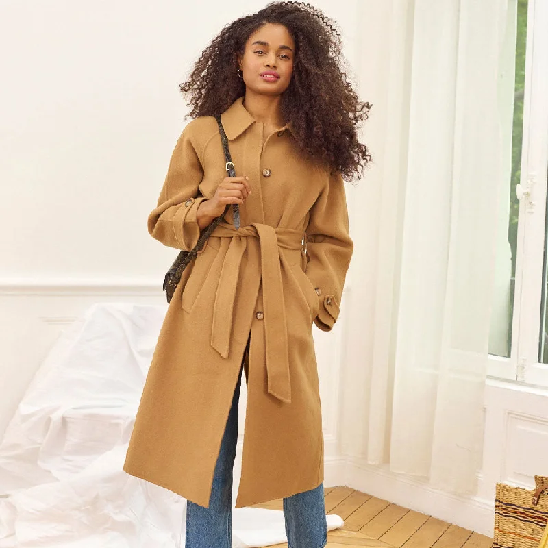 Unbeatable Prices Classic Single Breasted Lapel Collar Belted Longline Woolen Coat - Camel