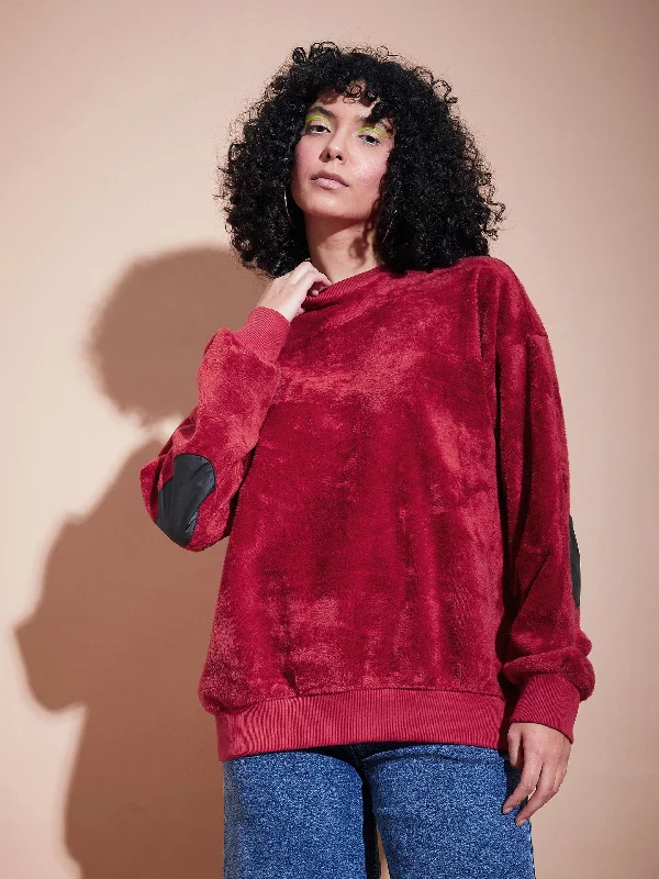 Warehouse Sale Women Maroon Elbow Patch Fur Round Neck Sweatshirt