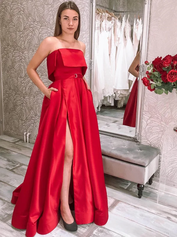 Best Bargains A Line Strapless Red Satin Long Prom Dresses with Pocket, High Slit Red Formal Graduation Evening Dresses SP2097