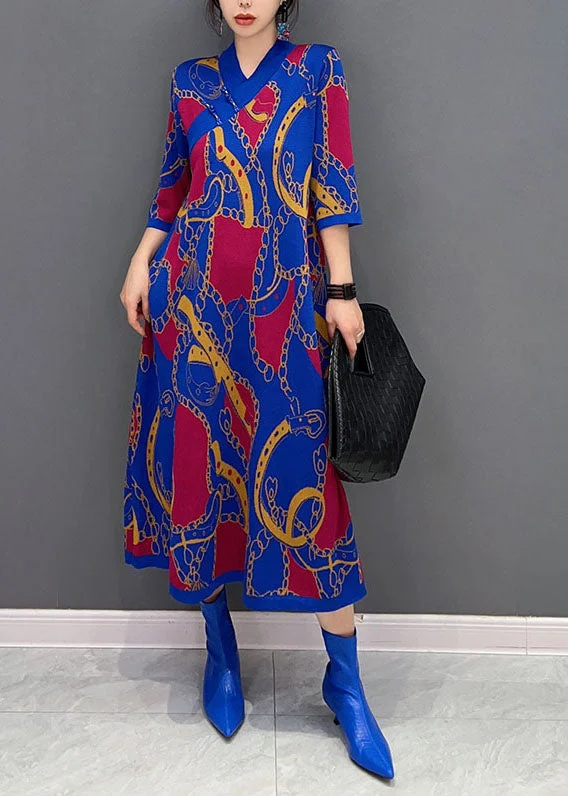 chic dresschic dressStyle Blue V Neck Oriental Button Print Long Dress Half Sleeve