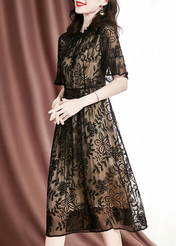 Limited Availability Elegant Black Embroideried Hollow Out Silk Long Dresses Summer