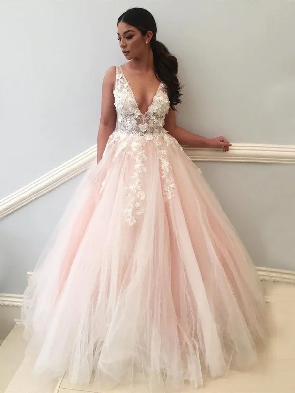Epic Deals Pink V Neck Backless Lace Appliques Tulle Long Prom Dresses, V Neck Pink Lace Ball Gown, Pink Formal Dresses, Pink Lace Evening Dresses