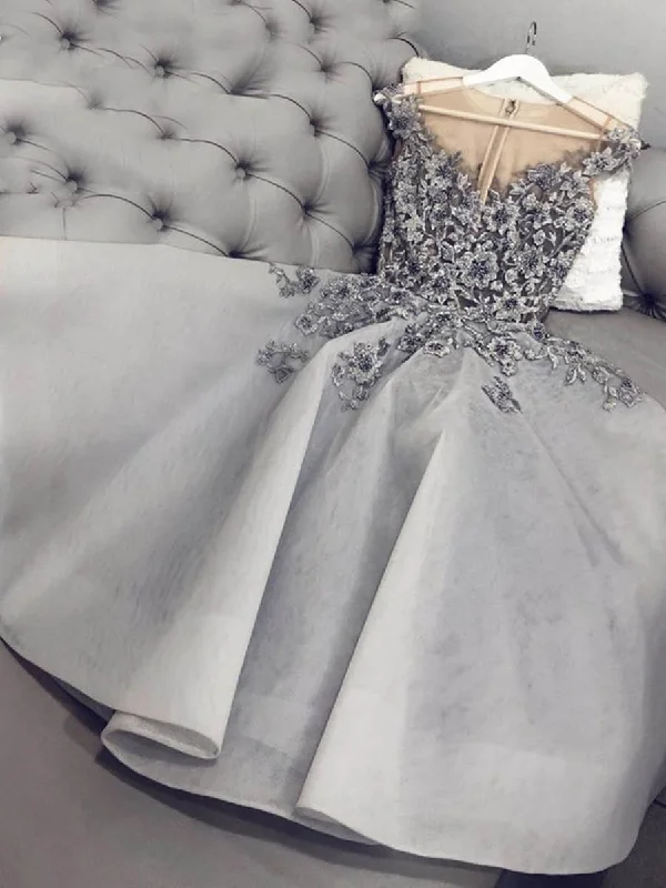 winter dresswinter dressCute A Line Round Neck Gray Floral Lace Short Prom Dresses, Gray Floral Lace Formal Graduation Homecoming Dresses