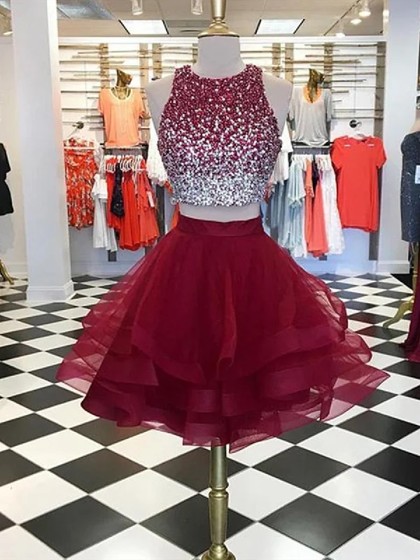 silk dresssilk dressCute Round Neck 2 Pieces Beading Burgundy Tulle Short Prom Dresses, 2 Pieces Burgundy Homecoming Dresses, Formal Dresses