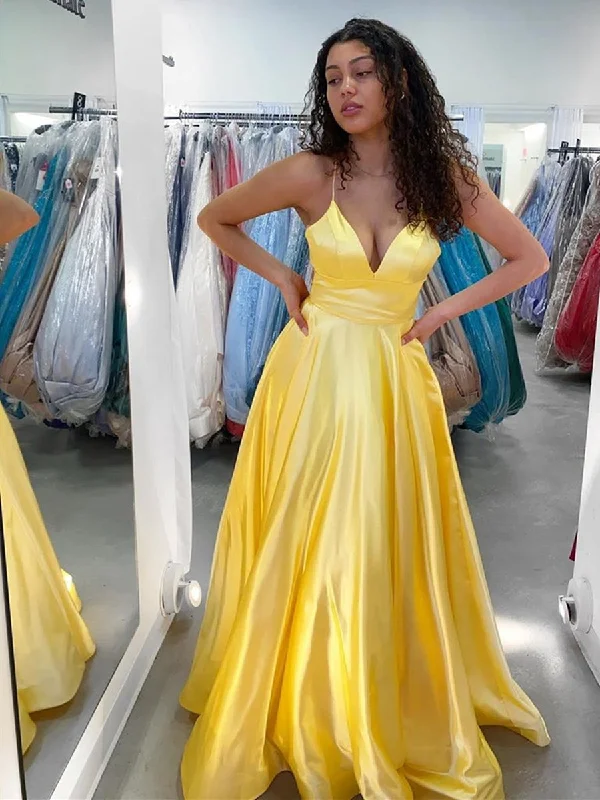 Lowest Price A Line V Neck Yellow Satin Long Prom Dresses, Yellow Satin Long Formal Evening Dresses Lowest Price A Line V Neck Yellow Satin Long Prom Dresses, Yellow Satin Long Formal Evening Dresses