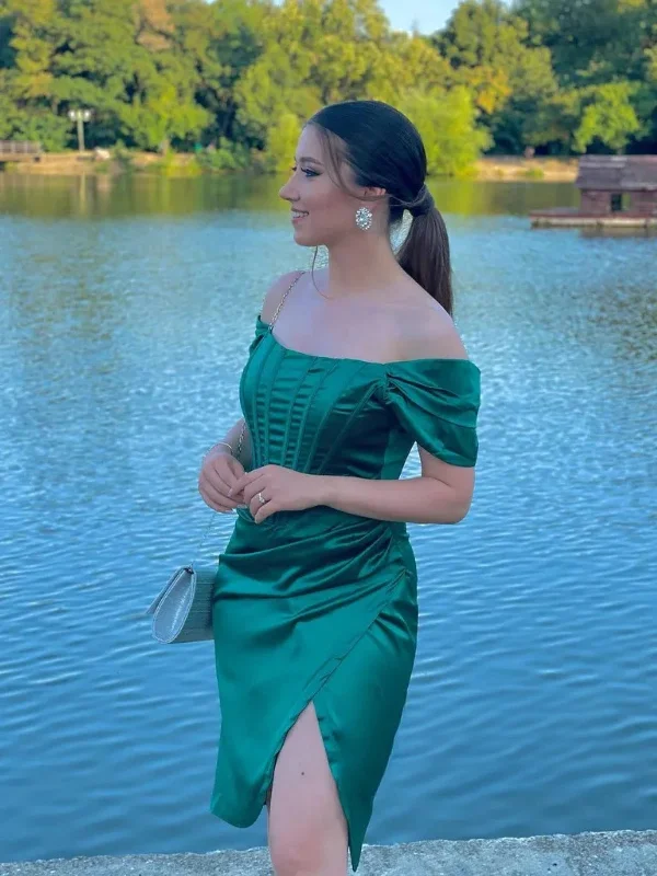 pleated dresspleated dressOff Shoulder Green Satin Short Prom Dresses, Mermaid Green Homecoming Dresses, Off the Shoulder Green Formal Evening Dresses SP2746