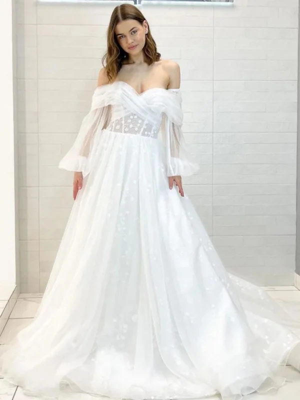 Best Bargains Off Shoulder Long Sleeves White Tulle Prom Dresses, Floral White Wedding Dresses, White Formal Evening Dresses SP2492