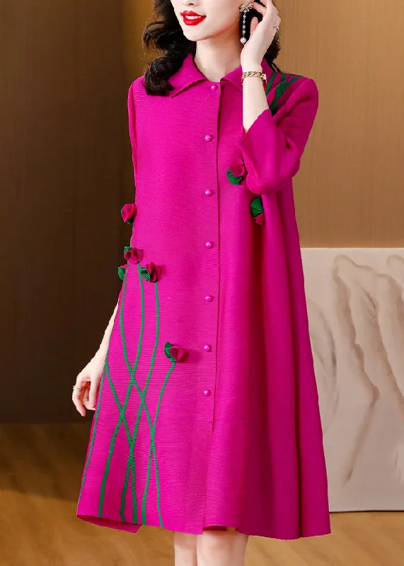 Midnight Madness Fashion Rose Button Mid Dresses Long Sleeve