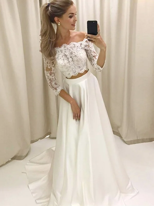 Early Access Two Pieces Off the Shoulder 3/4 Sleeves Lace Top White Prom Dresses, Off Shoulder Long Sleeves White Formal Dresses, Lace White Evening Dresses
