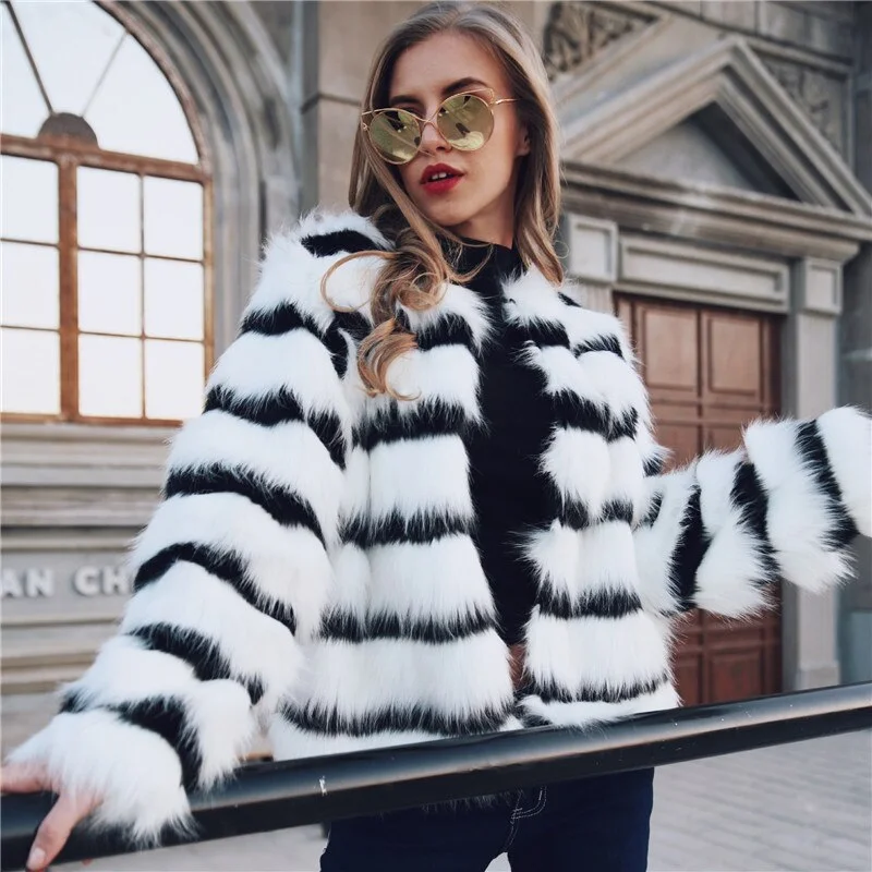 Epic Deals Winter Black and white striped faux fur coat fur coats Women Elegant