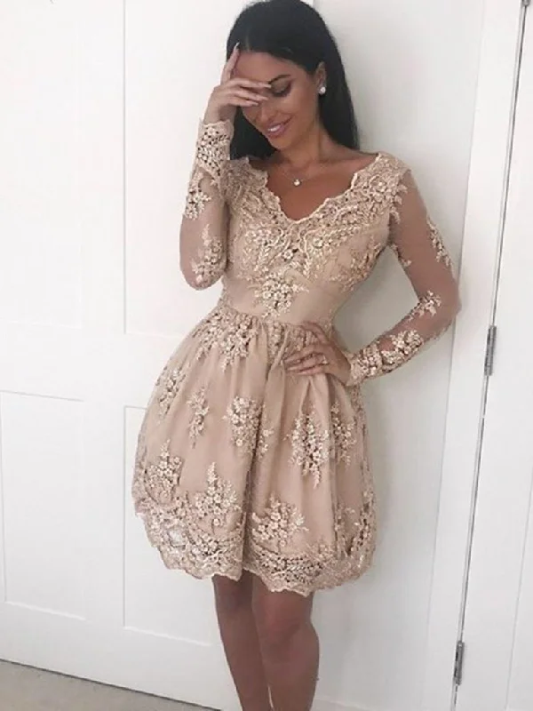 formal dressformal dressChampagne Long Sleeves Lace Short Prom Dresses, Long Sleeves Formal Dresses, Homecoming Dresses