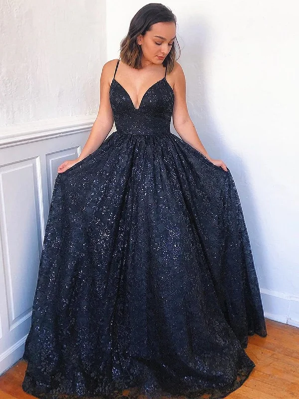 Weekend Deal A Line V Neck Navy Blue Lace Long Prom Dresses, V Neck Lace Navy Blue Formal Dresses, Dark Blue Lace Evening Dresses