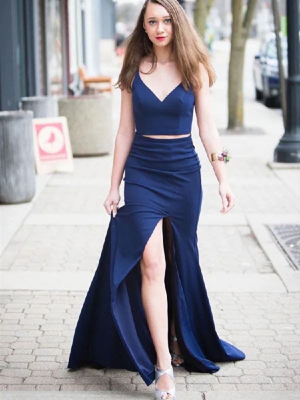 Limited Availability Simple V Neck Two Pieces Blue Prom Dresses with High Slit, Two Pieces Blue Formal Dresses, Evening Dresses