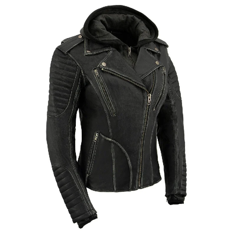 Extra Savings Milwaukee Leather MLL2516 Black Leather Rub-Off Leather Jacket with Hoodie for Women Extra Savings Milwaukee Leather MLL2516 Black Leather Rub-Off Leather Jacket with Hoodie for Women