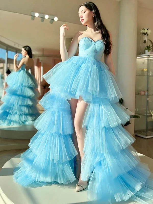 ashionable dressashionable dressOpen Back Strapless Beaded High Low Blue Tulle Long Prom Dresses, Light Blue Formal Dresses, High Low Blue Evening Dresses SP2793