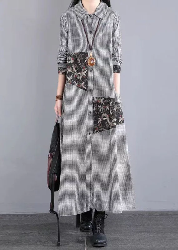 Markdowns Loose Black White Plaid Peter Pan Collar Patchwork Cotton Long Dress Fall